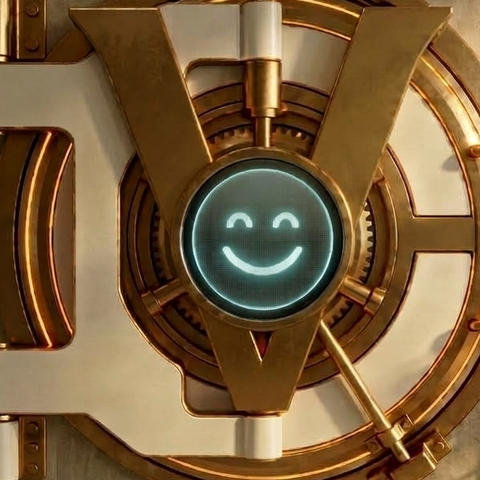 Vaultra vault mark — gold V with teal smiley